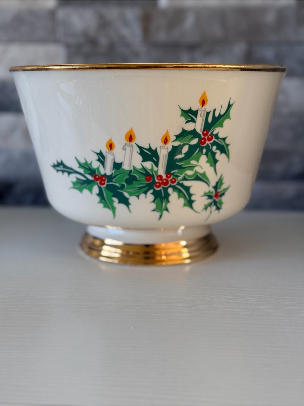Holiday Holly & Candle White Footed Bowl - Unbranded